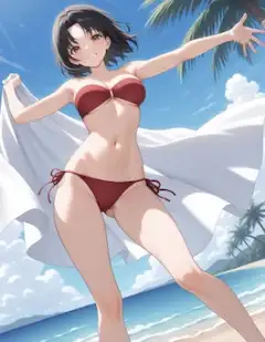 南のビーチで風に舞う夏の笑顔