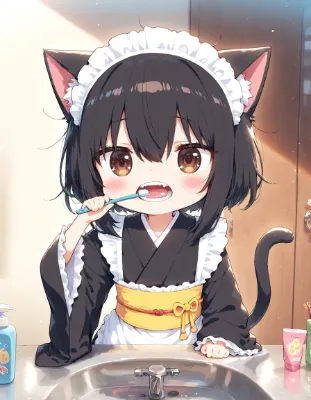 キバをピカピカにするニャ！