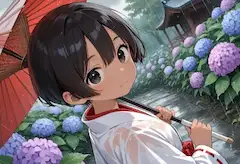 紫陽花の雨に微笑む小さな巫女