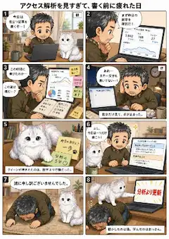 猫漫画コンテンツ6シリーズ  サイベリアンのクィーン お気に入りを、わけてあげる  ちびキャラ ベビークイーン 充電ケーブルは、猫のおもちゃです  クイーンと無職のおっさん現代版 アクセス解析を見すぎて、書解析の数字に囚われた作家と猫の一日