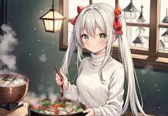 雪降る夜に温まる銀髪少女の鍋