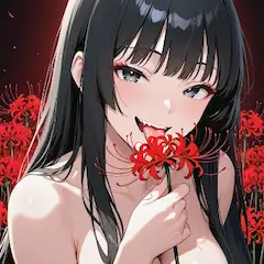 紅い花の誘惑に微笑む少女