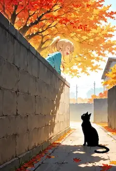 紅葉の路地で少女と黒猫の出会い