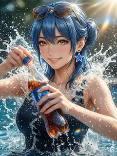 夏の水辺でソーダを持つ青髪少女