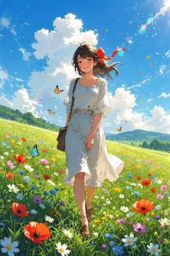 赤いリボンが舞う花畑の散策