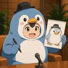 ペンギン着ぐるみの小さな画家