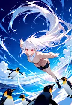 白髪の少女とペンギンたちの天空舞踏
