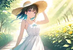 夏の陽光に包まれた花畑の散歩