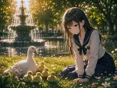 公園の午後、アヒルの親子と少女