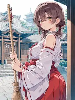 神社に立つ巫女と竹箒