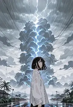 雷雲の下で少女は空を見つめる