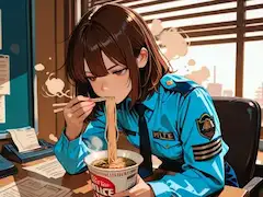 ラーメンで、女性警察官の多忙な日
