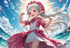 大波の海で拳を上げる妖精少女