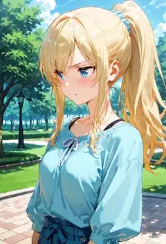 公園のポニーテール少女の小さな苛立ち