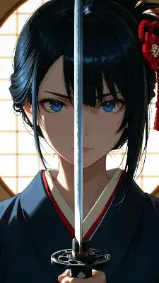 日本刀の反りを確認する女性