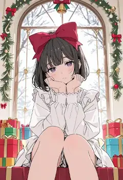 雪の窓辺で想う、赤いリボンの少女