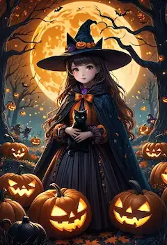 満月の森で黒猫を抱く小さな魔女
