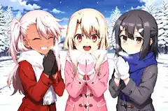 寒い中元気いっぱいな冬服の3人