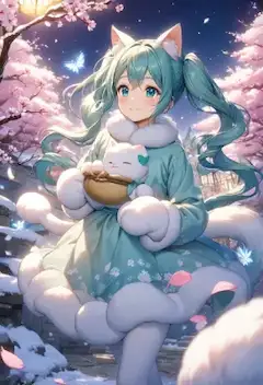 夜桜とふわモコにゃんこミクちゃん