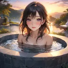 夕陽に染まる温泉の少女