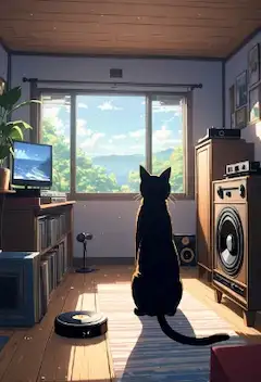 窓辺の黒猫と遠くの山影