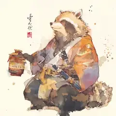 酒瓶を抱く狸の休息
