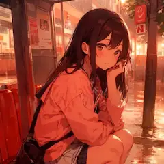 夕方のバス停で雨宿り