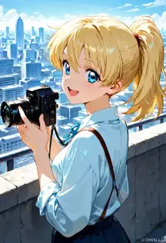 街の空に浮かぶ少女のシャッター