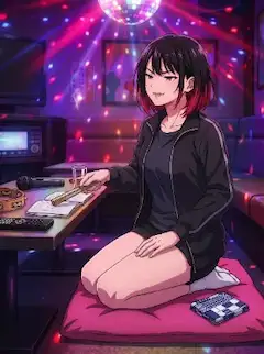 ネオンに包まれた部屋で落語のお稽古