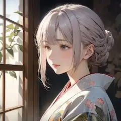 陽光浴びる窓辺の着物少女