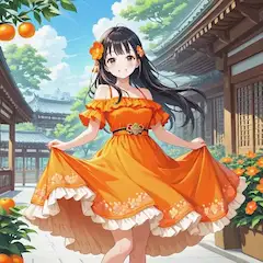 夏の寺院で舞うオレンジ姫