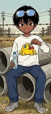 メガネon headして平面王様ガエルTシャツを着て土管のある空き地にいる少年
