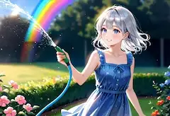 打ち水にレインボウ