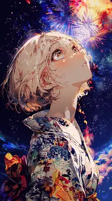 花火を見上げる浴衣の女の子