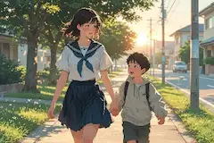夕暮れの帰り道、姉弟の小さな絆