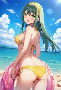夏ビーチの緑髪美女