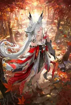 紅葉の神社とキツネサインする心🍁