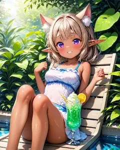プールサイドでくつろぐケモ耳エルフさん（8枚）