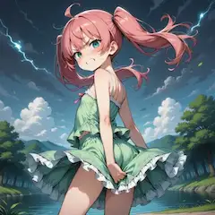 雷鳴の空でドレスを掴む少女