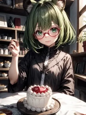 緑髪のお姉さんとハートの乗ったケーキ