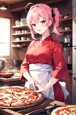 和装の彼女のピザ作り