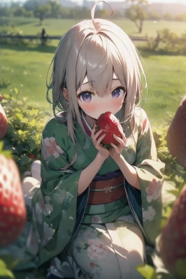 和装の彼女と大きいイチゴ