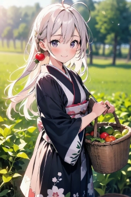 和装の彼女と野菜の収穫