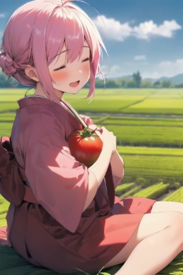 和装の彼女と大きなトマト