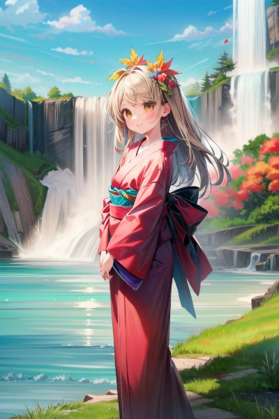 滝と着物少女