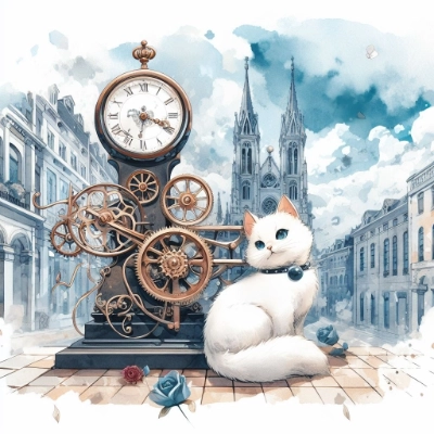 歯車時計と白猫