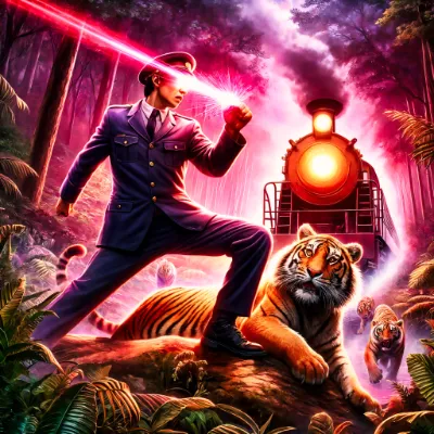 アマゾンの森の中でワインレッドの光線を出す駅員にドン引きするトラ