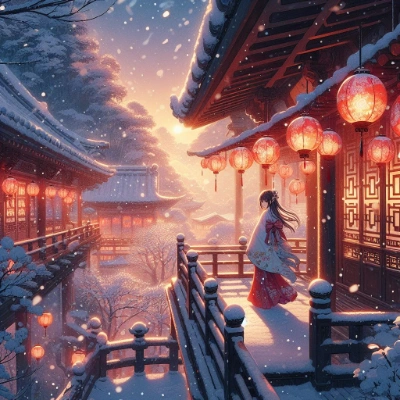 夕暮れの雪と灯篭