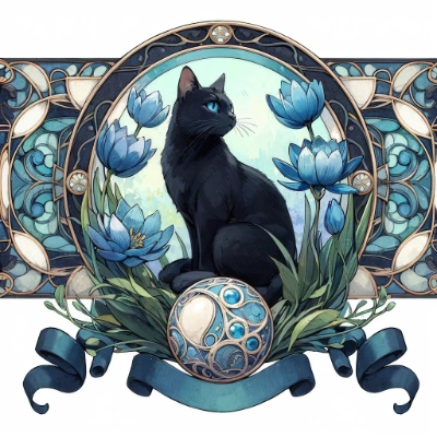 黒猫と青い花