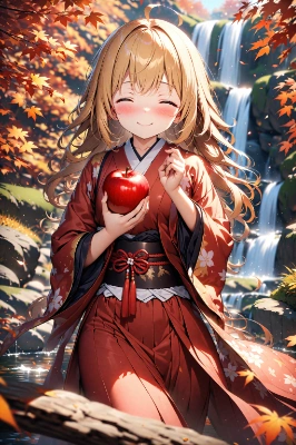 秋のりんごと和装少女